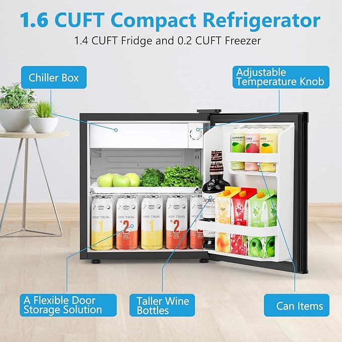 1.7 Cu.ft Mini Fridge with Freezer, Compact Refrigerator, Single Reversible Door, Ultra Quiet, Energy Efficient for Office, Dorm, Bedroom, Apartment, Black
