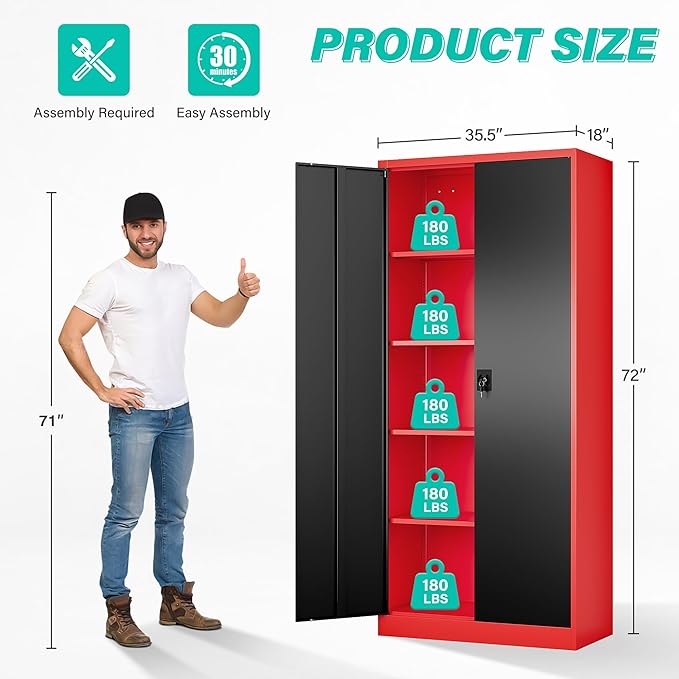 SISESOL Wide & Deep Metal Storage Cabinet with Lock & Adjustable Shelves,72" Red Black Garage Storage Cabinet with Locking Doors,Lockable Cabinets for Home,Office,Shop,Garage,Basement 72x36x18