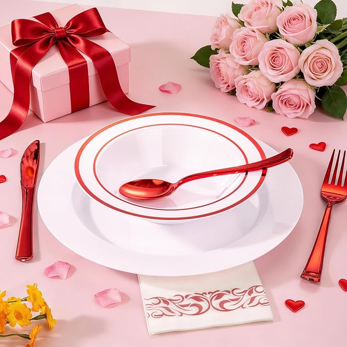 Goodluck 100 Pack Plastic Bowls with Red Rim, 12oz Disposable Soup Bowls, Heavy Duty Dessert Bowls for Weddings, Parties, Valentine's Day Dinners, Catering, Thanksgiving and Everyday Use