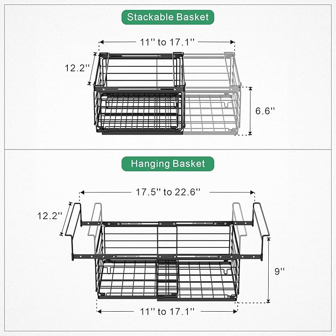 iSPECLE Deep Freezer Organizer Bins for 10 to 20 Cu.Ft, 4 Pack Stackable & Hanging Baskets, Expandable Metal Wire Storage System, Fits 17.5"-22.6" Width, Chest Freezer Only, Black
