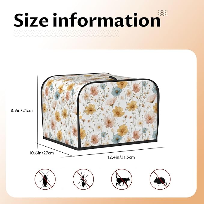 4 Slice Toaster Cover for Kitchen Botanica Flower Vintage Waterproof and Dustproof Toaster Dust Cover with Side Pockets Decorative Universal Cover for Wide Slot Toasters and Small Appliances
