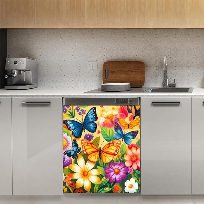 Colorful Butterflies Flowers Dishwasher Magnet Cover Front Dishwasher Cover Decor Reusable Magnetic Door Cover Panel Decal Home Appliances Stickers Kitchen Refrigerator Fridge 23"x26"