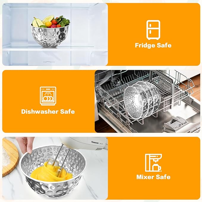 5 Pack Stainless Steel Mixing Bowls Set, Hammered Silver Finish, Nesting Design Metal Salad Bowls Set, 1.6-4.9 QT Capacity, Dishwasher Safe for Cooking, Serving, Food Containers Meal Prep Kit, No Lid
