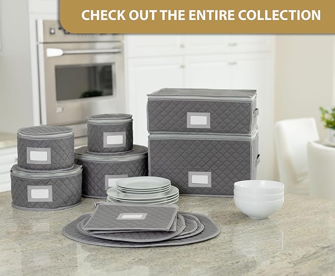 China Storage Case - Salad Plate Quilted Case - 10" W x 6" H - Gray - Includes 12 Felt Separators - Stackable With Padded Interior to Store your Dinnerware Dishes
