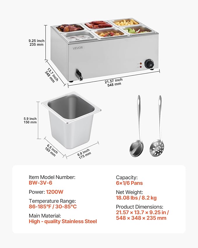 VEVOR 6-Pan Commercial Food Warmer, 24QT Electric Steam Table, 1200W Professional Countertop Stainless Steel Buffet Bain Marie with 86-185°F Temp Control for Catering and Restaurants, Silver