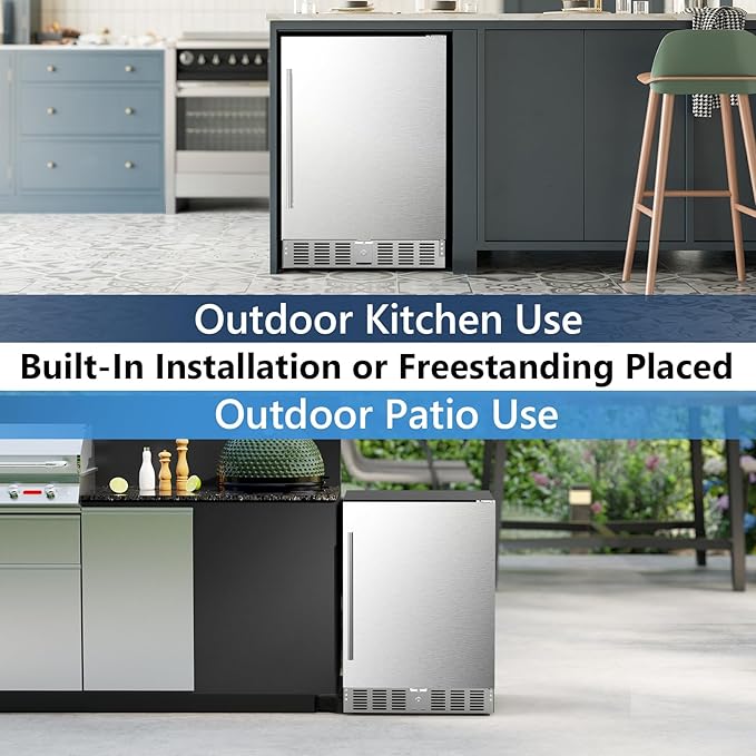 24 Inch Under Counter Beverage Refrigerator, Built-in and Freestanding Beverage Fridge Cooler 180 Cans with Stainless Steel Seamless Door, Powerful Cooling Compressor for Patio Kitchen, Commercial Use