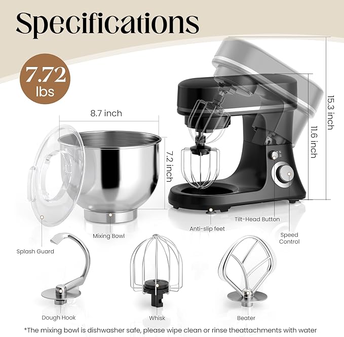 800W Stand Mixer with 5.3QT Stainless Steel Bowl - 6+P Adjustable Speed Electric Kitchen Mixer with Dough Hook, Whisk & Beater, Tilt-Head & Non-Slip Design- Black (YD-385NS)