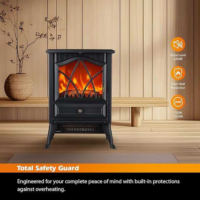 Freestanding Electric Fireplace Stove Heater, 1500W with Realistic 3D LED Flame Effect, Adjustable Brightness & Thermostat, 2 Heat Settings, Overheat Protection, for Home Indoor Use