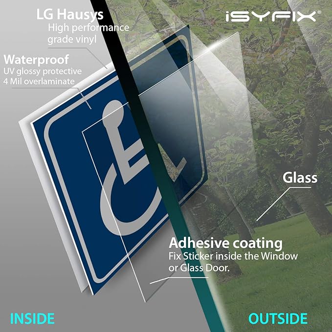 iSYFIX Handicap Signs Stickers Decal Symbol - 4 pack 6x6 inch - ADA Compliant - Premium Front Adhesive Vinyl for Applying inside the Window or Glass Door, Disabled Wheelchair Sign, Disability Sticker.