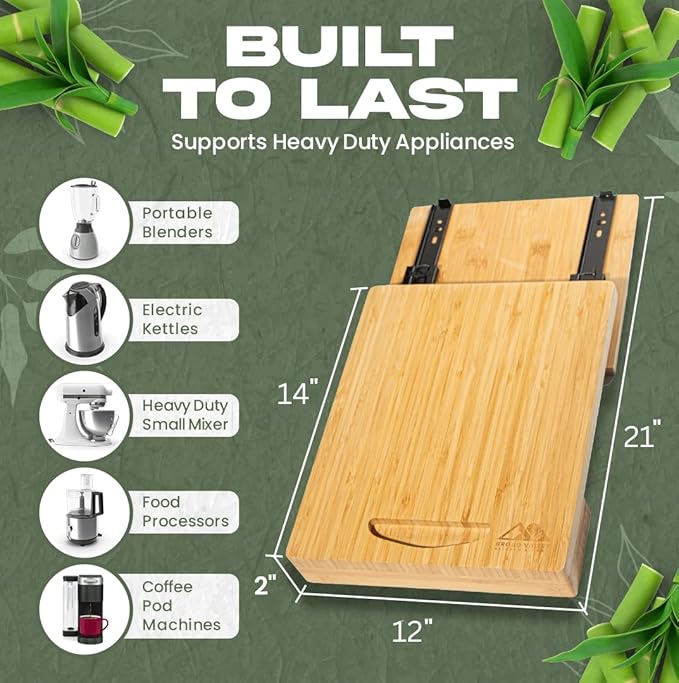 Bamboo Appliance Slider - Wooden Tray for Kitchen Appliances, Coffee Station and Kitchen Organization - Appliance Sliders for Kitchen Appliances, Slider for Coffee Maker 14" L x 12" W x 2" T