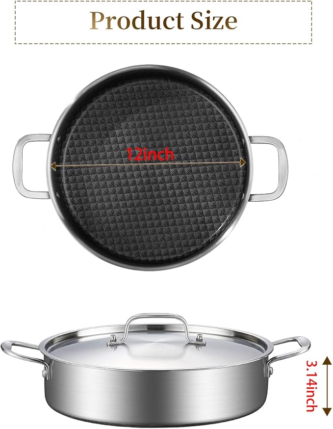 DELARLO Tri-Ply Stainless Steel Braiser Pan with Lid Nonstick 6 Quart Cooking Pot Induction Rondeau Deep Frying Pan,Large Saute Pan,Heavy Duty,Dishwasher and Oven Safe to 550℉