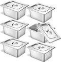 6 Set Stainless Steel Hotel Pans 1/2 Size 6 Inch Deep With Lids, Anti-Jam Chafing Steam Table Pans, Catering Food Storage Metal Pan