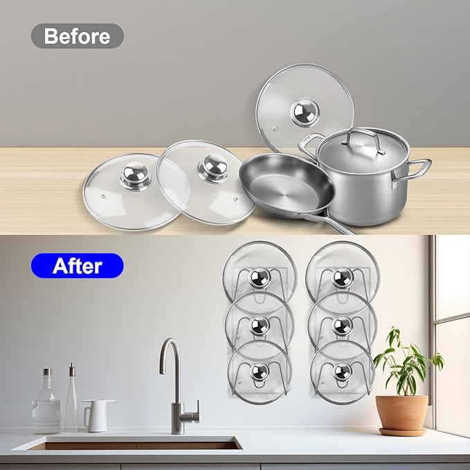 2 Pack Pot Lid Organizer Rack, 6 Tier Hanging Pot Lids Holder Inside Cabinet Door, No Drilling Adhesive Wall Mounted Pan Lid Organizer, Kitchen Cooking Lid Storage Rack for Cupboard (Silver)