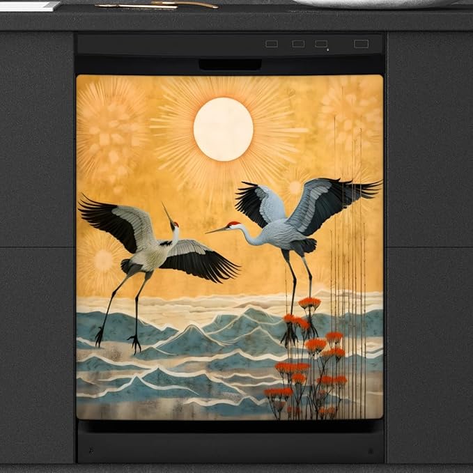 Crane Japan Pattern Dishwasher Magnet Cover for Door Front, Dishwasher Panel Decal Reuseable Refrigerator Magnet Cover Decal Fridge Stickers Home Decor, 23 x 26 Inch