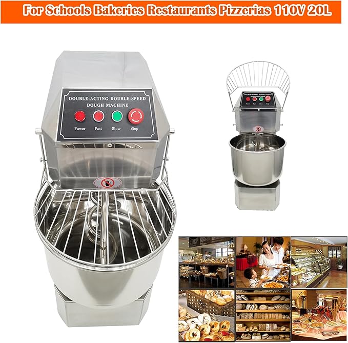 Commercial Dough Mixer Double Action Double Speed Stand Dough Mixer Machine Heavy-Duty Spiral Food Mixer Stainless Steel Pizza Bread Flour Kneading Blender 30L for Bakeries Pizzerias