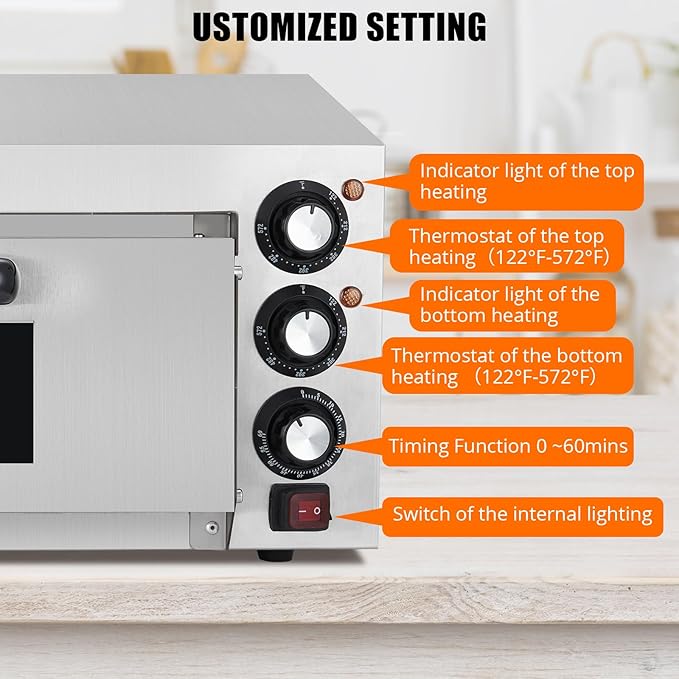 Electric Pizza Oven 14 inch Countertop Pizza Maker with Pizza Stone and Handle, Visual Viewing Window, Timer & Temp Control, Stainless Steel Pizza Cooker for Home Kitchen & Commercial