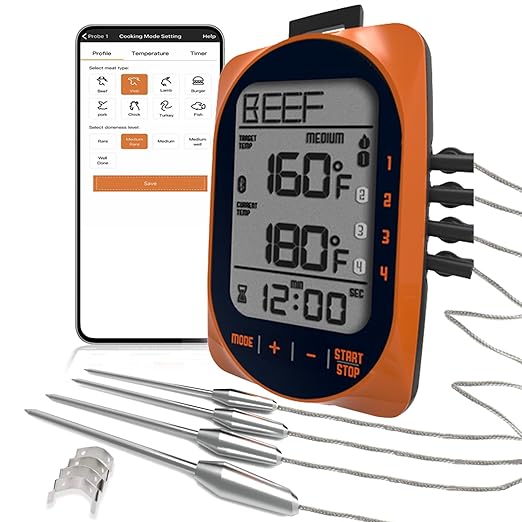 Bluetooth Meat Thermometer Smart Kitchen Thermometers with Timer Mode Temper Mode Digital Instant Read Food ThermometerA Grill Oven Thermometer with 4 Probes for Grill Candy Meat Oven Food Smoker