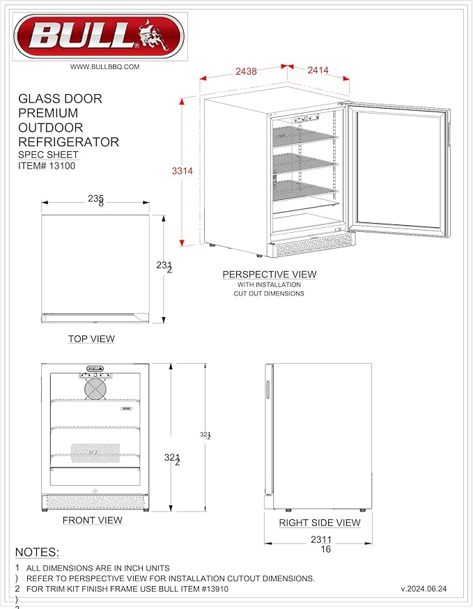 Bull Outdoor Products 30-Inch Outdoor Kitchen Bundle – Angus 75,000 BTU Built-In Grill Head, Grill Cover, Door & 2 Drawer Combo with Reveal, Glass Door & Contemporary Refrigerators – LP