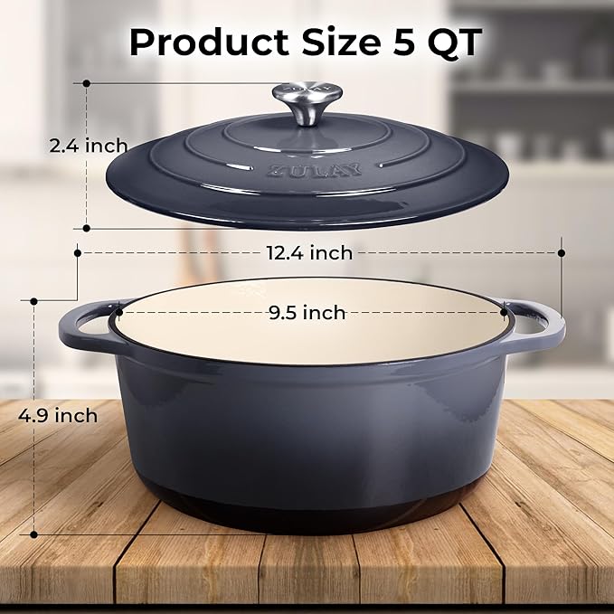Zulay Kitchen 5 Quart Enameled Cast Iron Dutch Oven Pot with Lid – Premium Durability & Oven Safe up to 500°F – Heavy Duty Cookware Perfect for Bread Baking, Stews, Braising & Roasting – Gray