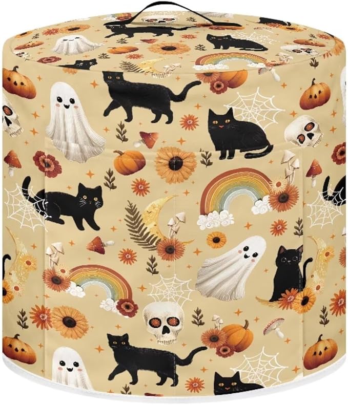 Halloween Theme Kitchen Appliance Protector Cover Bag 3 Quart Pressure Cooker/Air Fryer/Rice Cooker Dust Cover with Top Handle and Storage Pocket Black Cat Ghost Print