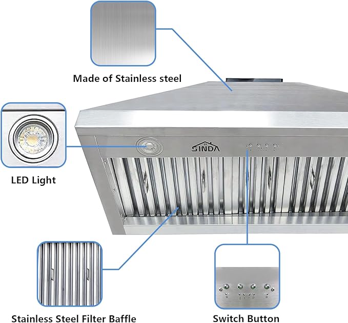 SINDA 36 Inch Built-In/Insert Range Hood, 4-Speed 610 CFM, Stainless Steel Under Cabinet Range Hood Kitchen Vent Hood with Liner and Internal Motor, 6" Duct, Adjustable Lights, Baffle Filter