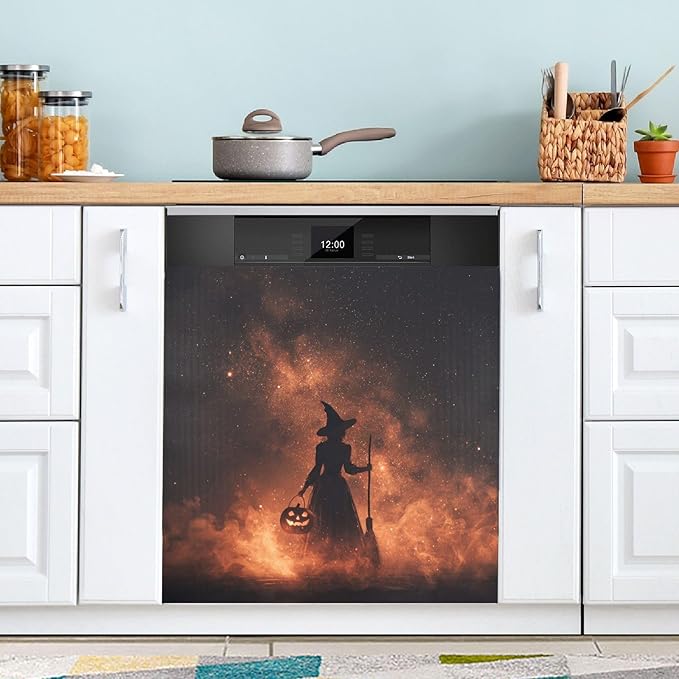 Halloween Witch Pumpkin Black Dishwasher Magnet Cover Front Door Magnetic Dishwasher Cover Decorative Refrigerator Magnet Covers Appliances Stickers for Kitchen Home Decor, 23" x 26"