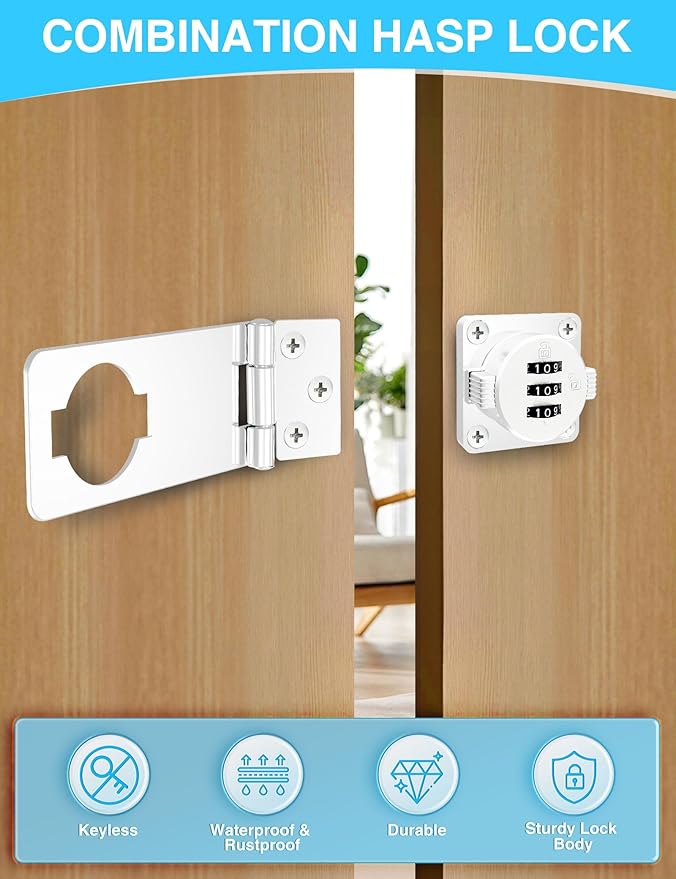Keyless Cabinet Combination Lock, 3-Digit Password Twist Knob Hasp Latch for Doors, Cabinets, Drawers, Barn Door, Bathroom, Outdoor, Closet, Fence, Durable Zinc Alloy, (White, 1 Pack)