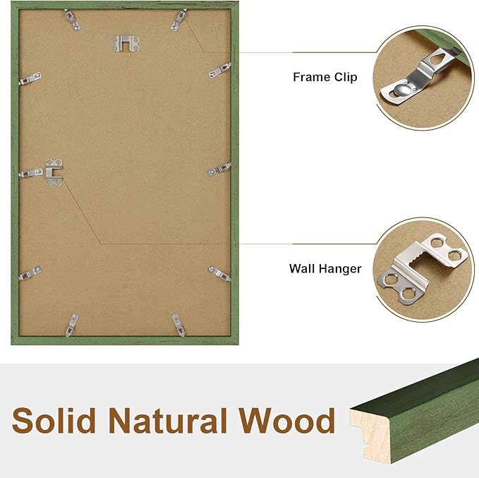 Vittanly 11x17 Picture Frame, Solid Wood Frame with Plexiglass, Includes 8x12 Mat, Wall Hanging for Photos, Home Decor, Rustic Green, 1 Pack