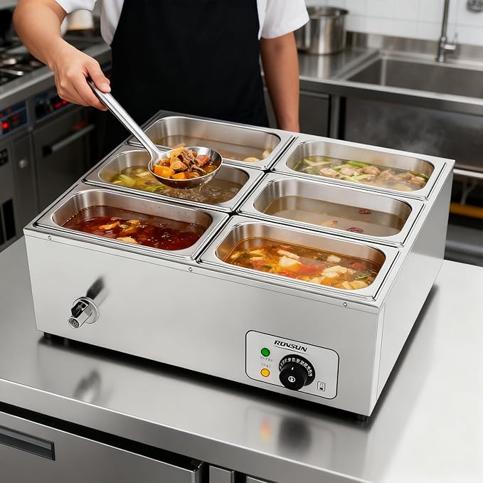 ROVSUN 42.3QT 1200W Electric Commercial Food Warmer, 6-Pan Steam Table 6.9 QT/Pan Stainless Steel Bain Marie Buffet Countertop with Temperature Control & Lid for Parties, Catering, Restaurants 110V