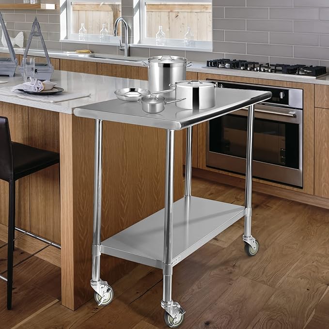 STABLEINK Stainless Steel Table with Wheels 24 x 60 Inches 5ft, NSF Commercial Prep & Workbench with Adjustable Undershelf and Casters, for Commercial Kitchen, Restaurant, Hotel,Laundry and Garage