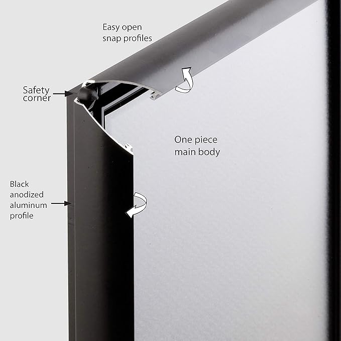 M&T Displays Opti Snap Poster Frame 8.5x11 Inch Black 1" Aluminum Profile Front Loading Wall Mounting Photo Picture Document Certificate Sign Holder Mitered Corner Anti Glare Cover