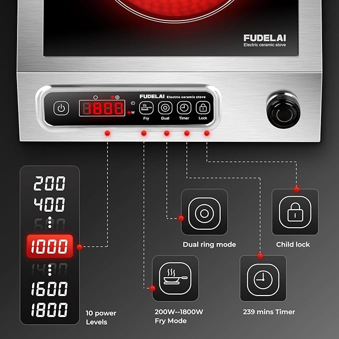 1800W Commercial Grade Electric Cooktop with 9 Power Levels - Electric Burner with EUROKERA Micro-Ceramic Panel, Infrared Cooktop with Timer, Safety Lock, For Restaurant, Home Kitchen Use