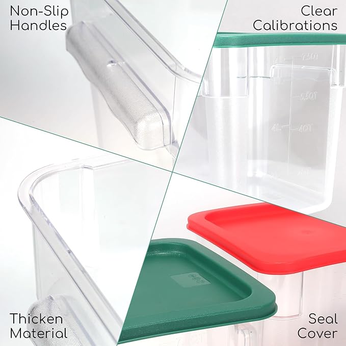 6-Pack 8 Quart Food Storage Container with Lid, Commercial Grade Square Polycarbonate 8 Qt Container with Lid, Handles & Measurement Scales, Airtight Stackable for Kitchen, Restaurant & Home Use