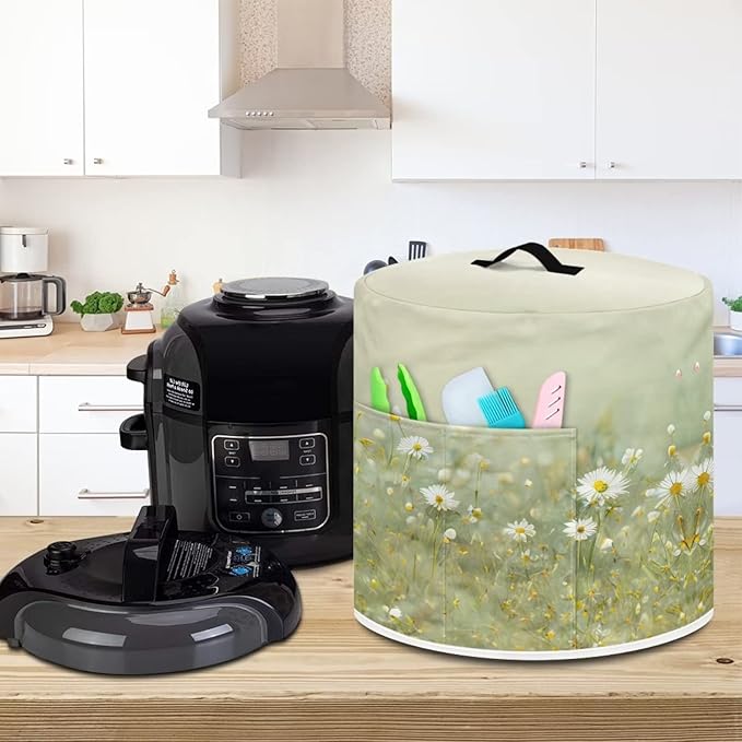 Insulated Pressure Cooker Appliance Cover, Also Fit for Rice Cooker, Air Fryer and Crock Pot, 3 Quart Dust Cover with Pocket for Kitchenware and Recipes, Washable, Daisy Floral Green