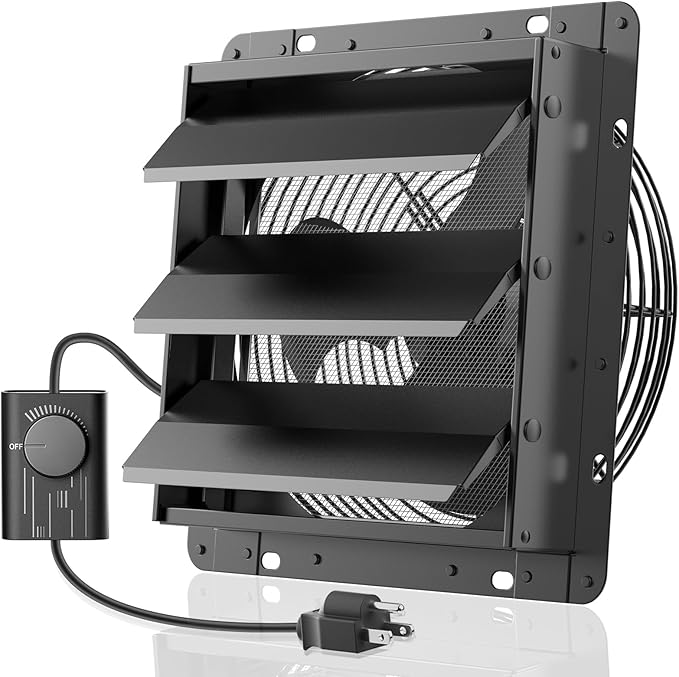 HG Power 12 Inch Shutter Exhaust Fan with Speed Controller, 764CFM High-Speed Vent Fan, 1400RPM Wall Mounted Attic Fan for Shed, Garage, Greenhouse Ventilation, Black