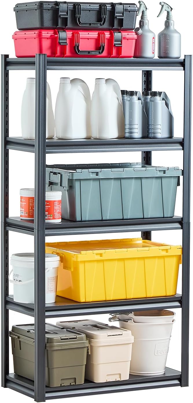 VEVOR Storage Shelves, 2000 lbs, 5 Tier Garage Storage Shelving, 16" D x 32" W x 63" H Adjustable Metal Shelves for Garage Shelves Utility Rack Shelf, Ideal for Kitchen, Warehouse, Basement, Black