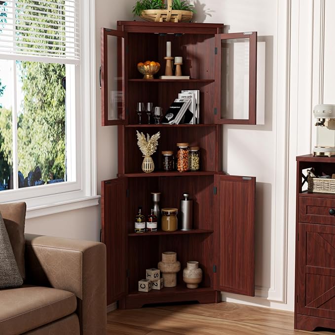 67''H Dark Brown Tall Corner Storage Cabinet with 4 Tempered Glass Doors and Barn Doors, Home Space Saver Decoration Farmhouse Cabinet with 5 Adjustable Shelves for Kitchen, Living Room