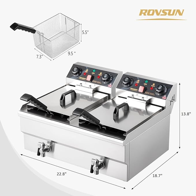 ROVSUN 24.9QT Electric Deep Fryer w/Frying Baskets Timer Drains & Lids, Dual Tank Kitchen Countertop Commercial Frying Machine, Adjustable Temperature, for French Fries Donuts Onion Rings, 3400W 110V