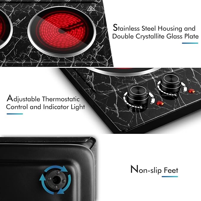 Hot Plate, CUSIMAX Double Burner Electric Hot Plate for Cooking, 1800W Dual Control Portable Stove Countertop Electric Burner Infrared Cooktop, Stainless Steel Black Marble