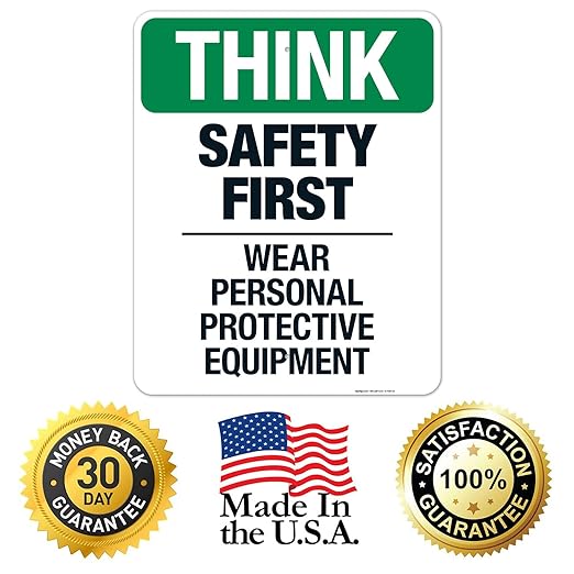 Think Safety First Wear Personal Protective Equipment Sign, 24x30 Inches, 55 mil Thick HDPS (high Density polystyrene), Made in USA