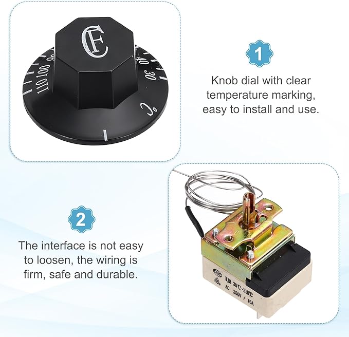 MECCANIXITY 2pcs Oven Temperature Control Switch 250V, 16A 30-110°C Capillary Thermostat NO/NC Temperature Control Switch for Ovens Fryers Refrigerator Heaters