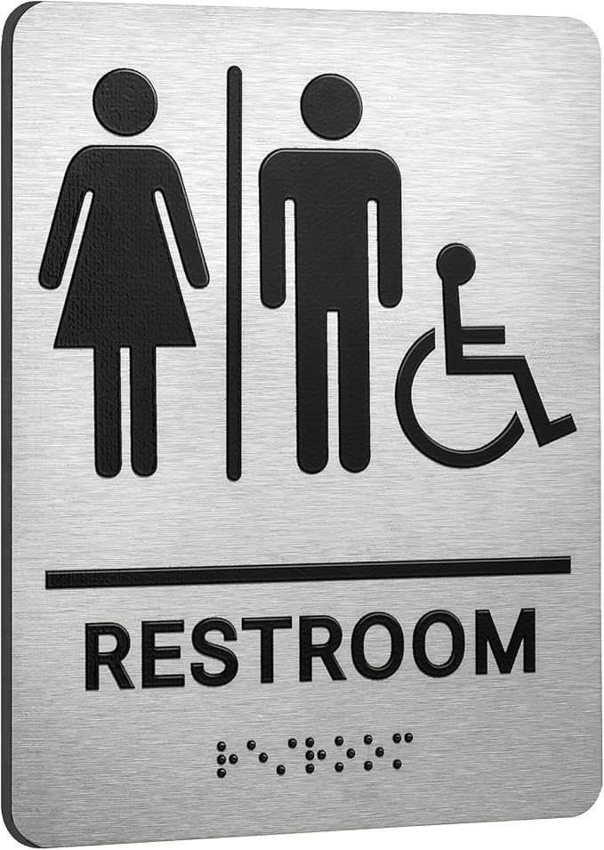 Restroom Sign, Brushed Aluminum ADA Raised Braille Restroom Signage for Business, Unisex Bathroom Sign with Strong Self-Adhesive, Wheelchair Accessible, Silver, Size 8’’* 6’'