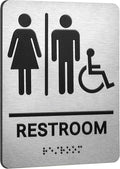 Restroom Sign, Brushed Aluminum ADA Raised Braille Restroom Signage for Business, Unisex Bathroom Sign with Strong Self-Adhesive, Wheelchair Accessible, Silver, Size 8’’* 6’'
