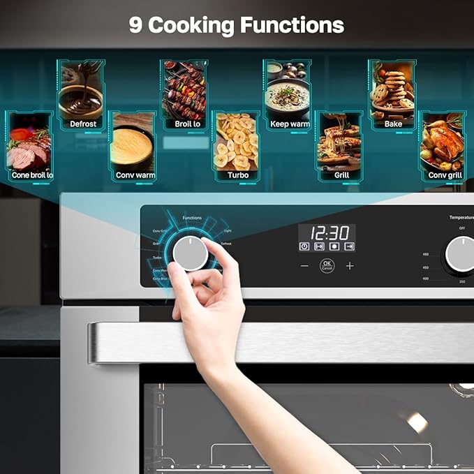 24 Inch Electric Wall Oven, ETL Certified, ThermoMate Built-in Oven with 2.6 Cu.ft Capacity, 9 Working Functions, Sensor Touch Control, Anti-Mistouch Knob, Stainless Steel