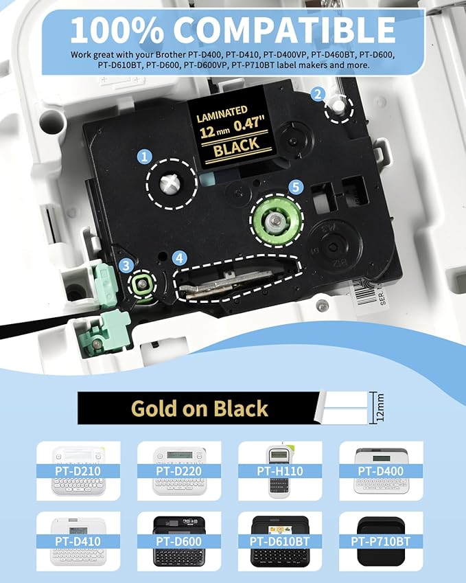 Replacement for Brother P Touch Label Tape Gold on Black TZe-334 TZe334 TZe TZ Tape 12mm 0.47 Laminated, Compatible with PT-D210 PT-D220 PT-H110 PT-D400 PT-D410 PT-D600, 1/2 in x 26.2 ft, 4-Pack
