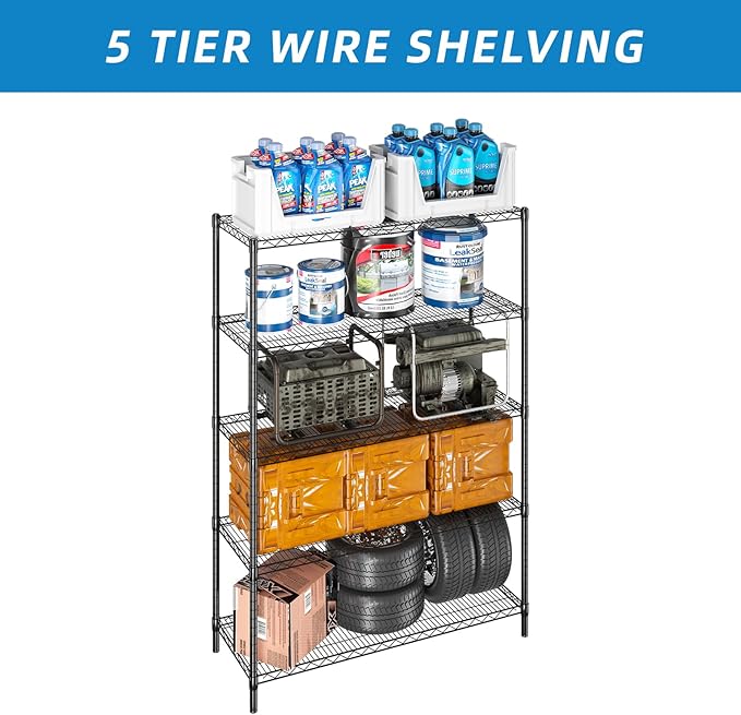 5-Shelf Adjustable Metal Shelf Wire Shelving Unit Heavy Duty Storage Rack Display Shelf for Office,Kitchen,Bedroom,Bathroom,Laundry,Pantry Basement,Garage(Black,48" L x 18" W x 72" H)