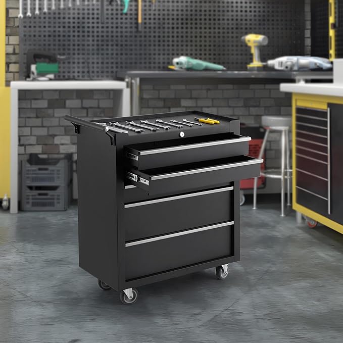 IDEALHOUSE Rolling Tool Chest, 5 Drawers Tool Storage Cabinet, Toolbox with Wheels, Portable Tool Cabinet Organizer with Locking System & Drawer Liners, Tool Storage Cart for Garage, Workshop, Black