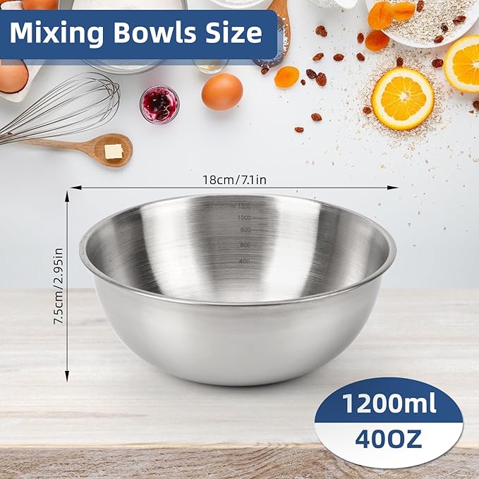 3-Piece Stainless Steel Mixing Bowls (7.1") Metal Bowl Set with Measurement Marks, Dishwasher Safe & Stackable - Perfect for Baking, Salad Making, Meal Prep and Kitchen Use