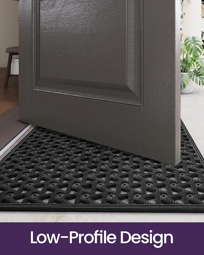 DEXI Front Door Mat Outside Entrance Rubber 19x30, Welcome Floor Doormat Heavy Duty Non Slip, Dirt Trapper Waterproof Exterior Entry Mats All Weather for Patio Entryway Drainage, Black