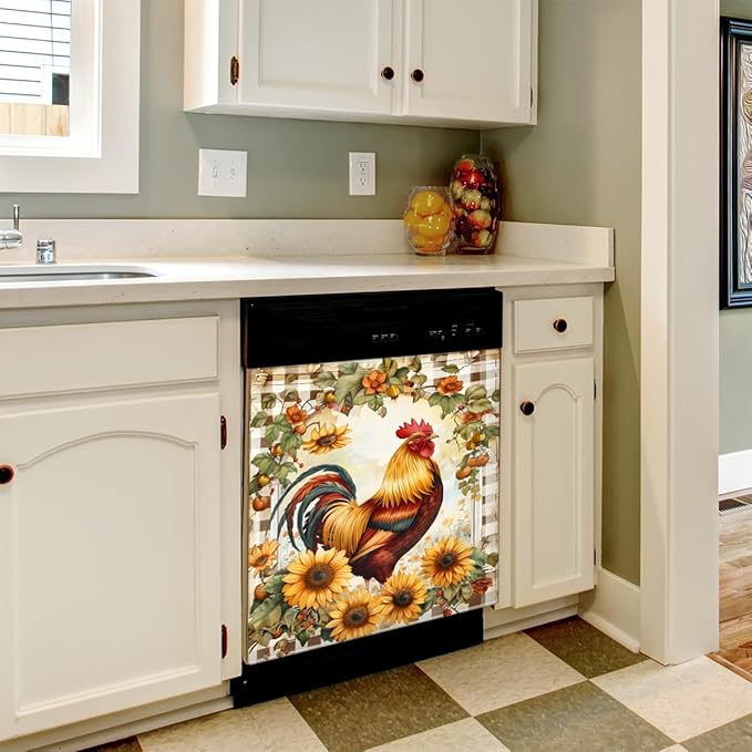 Rooster Sunflower Cute Flowers Dishwasher Magnet Cover, Reusable Refrigerator Panel Stickers Microwave Front Door Covers Magnets for Kitchen Home Appliances Holiday Party Decorations 23 X 26 in